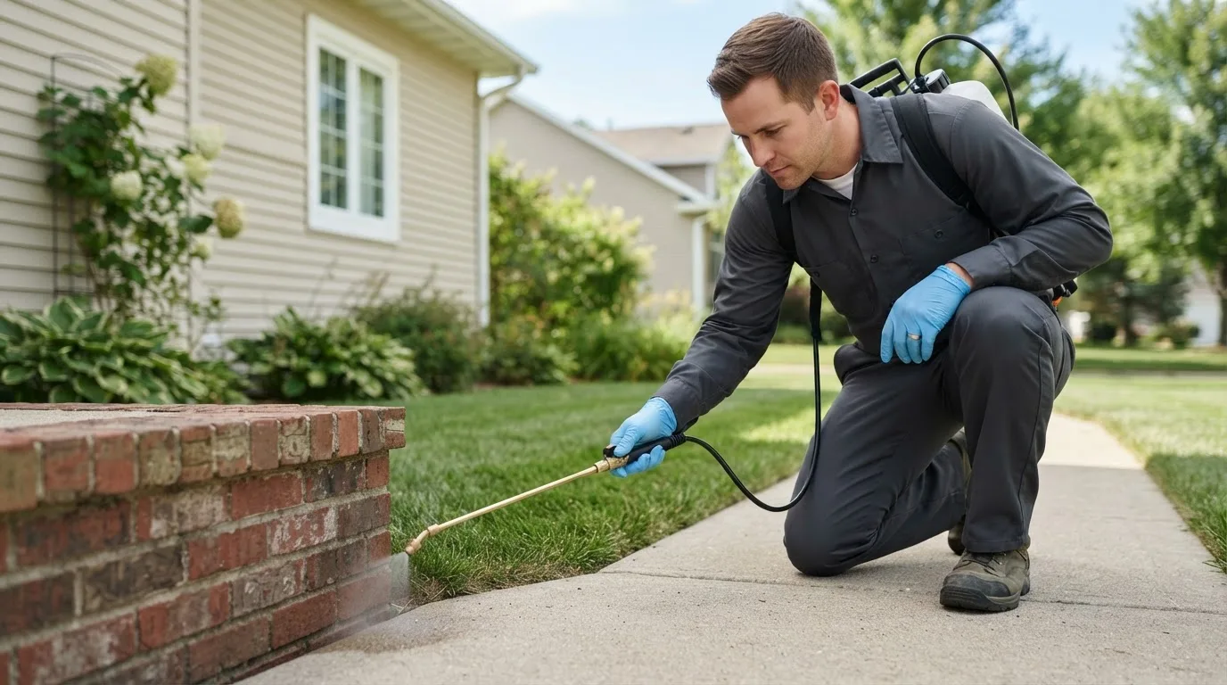 Pest control technician treating a home near Bussey, IA