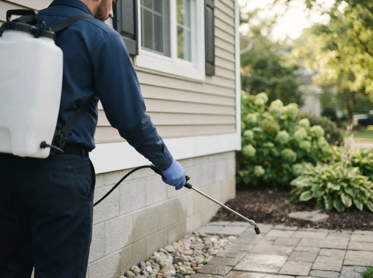 Pest control technician inspecting a home in Bussey, IA